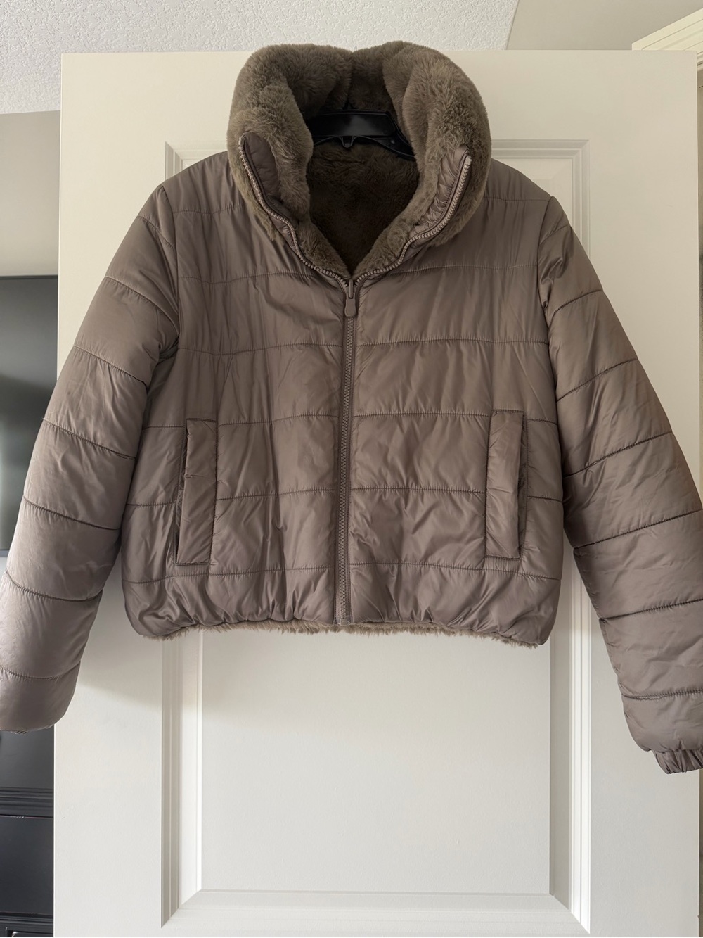 SAVE THE DUCK Taupe Short Puffer Jacket with Faux Fur Trim